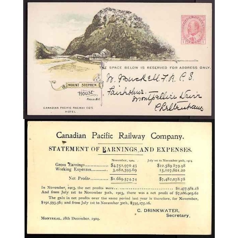 Canada-cover  #10007 - 1c Edward-Mount Stephen House-(CPR 41B)-addressed but unused