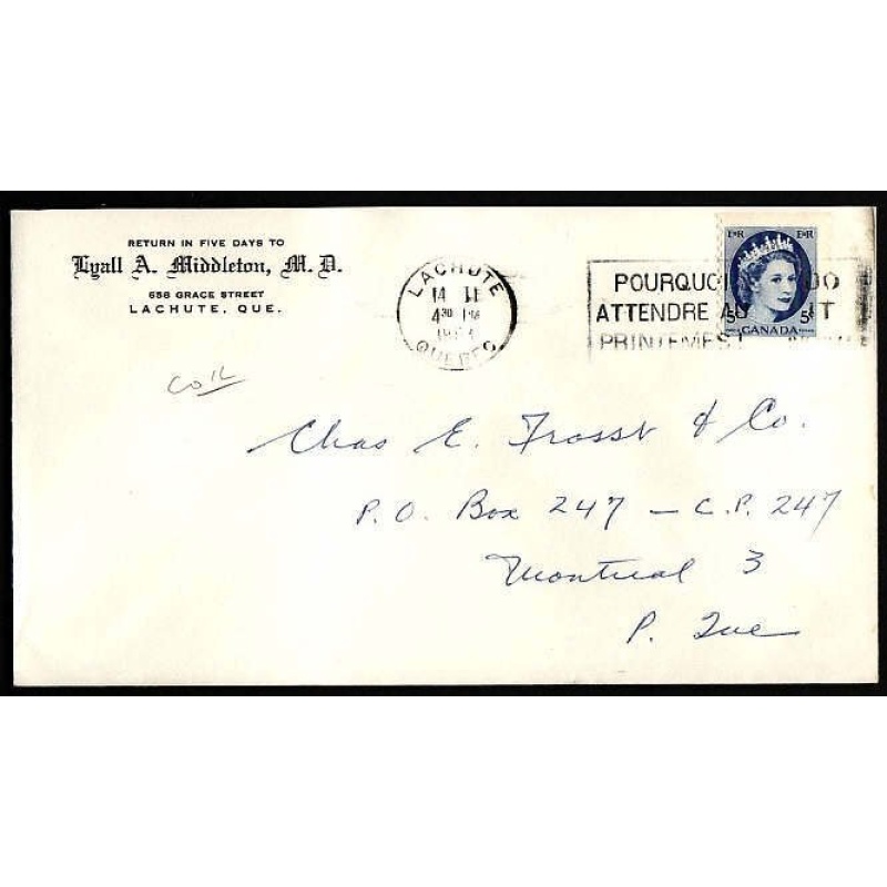 Canada-cover #9938 - 5c QEII Wilding coil- Lachute , Quebec-14 II 1963 -CC "Lyall A Middl