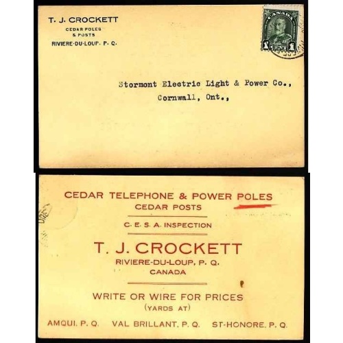 Canada-cover #10408-1c KGV-ad card-Riviere Du Loup,Que-1c franking-3rd class rate -