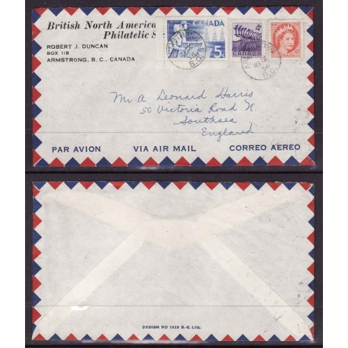 Canada-cover #13985-15c airmail-England-Armstrong,BC-21 IX 1956-CC  BNAPS