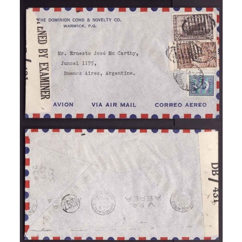 Canada-cover #14015-20c+5c+10c-airmail-Argentina-Warwick,Que-23 Jul 1945