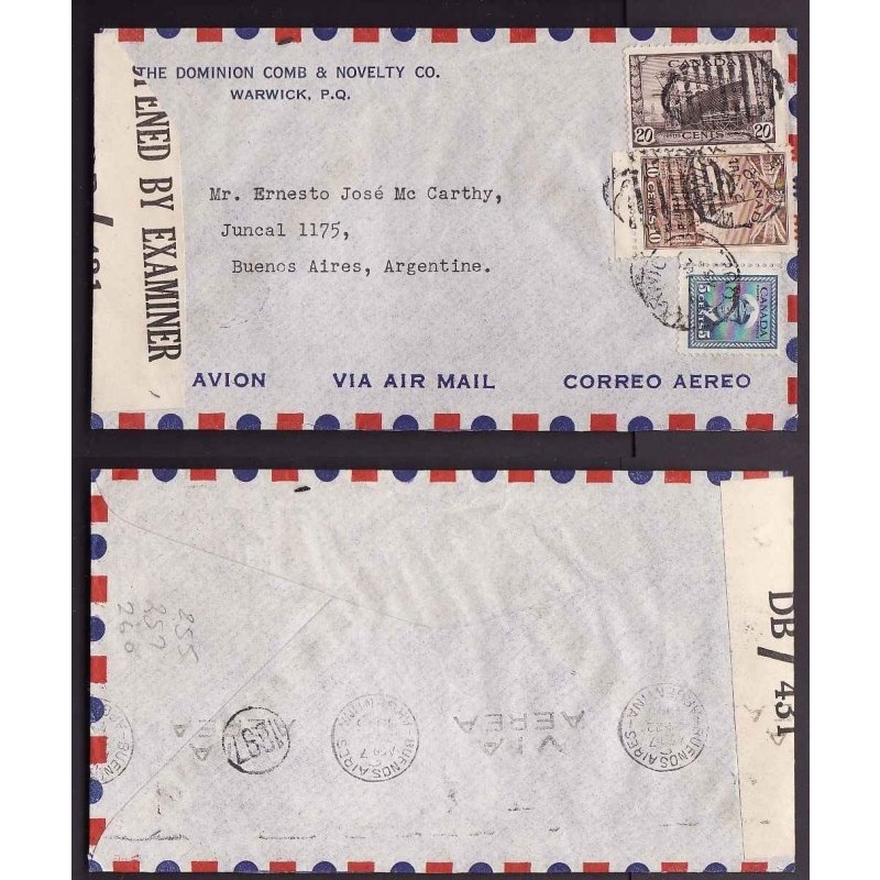 Canada-cover #14015-20c+5c+10c-airmail-Argentina-Warwick,Que-23 Jul 1945