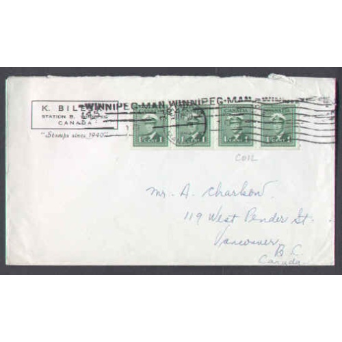 Canada-cover #5703-1c(4)coil strip,perf 8-Winnipeg,Man-De 10 1945-Bileski,stamps