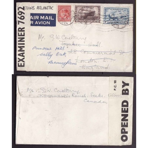 Canada-cover #14012-20c+3c+7c -airmail-England-Seebe,Alberta-Aug 11 1943