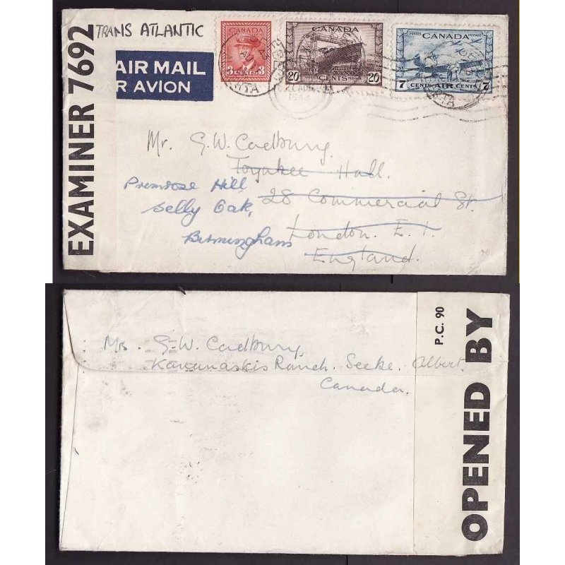 Canada-cover #14012-20c+3c+7c -airmail-England-Seebe,Alberta-Aug 11 1943