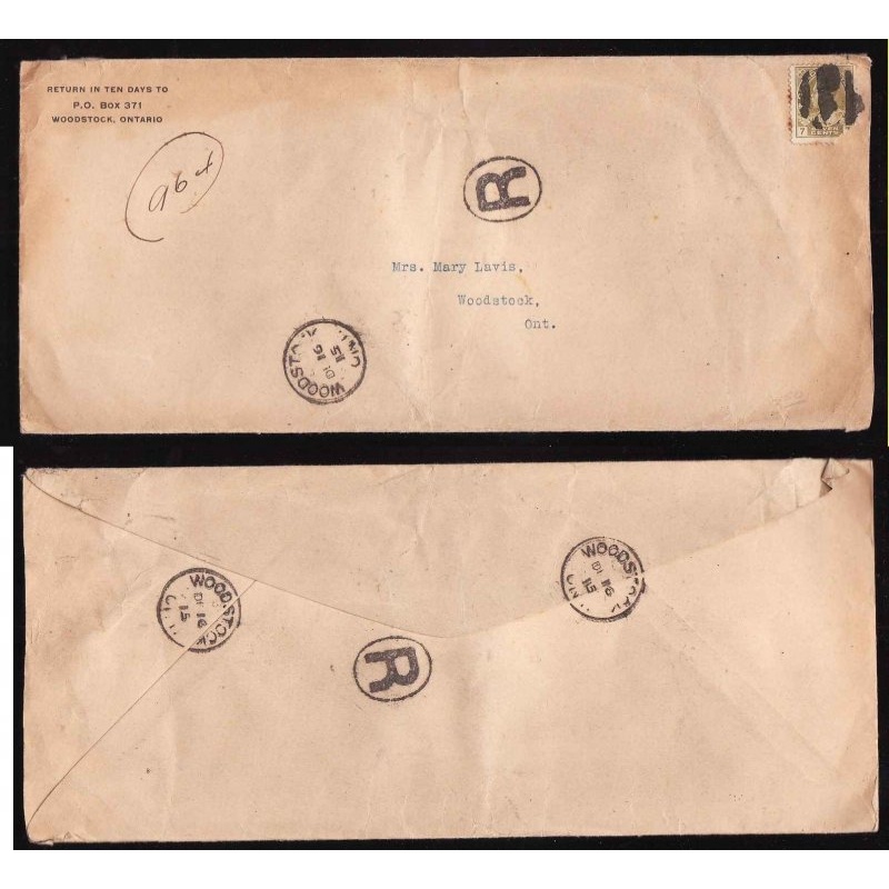 Canada-cover Canada-#13244-7c Edward reg'd-Oxford cnty-Woodstock-stamp damaged-