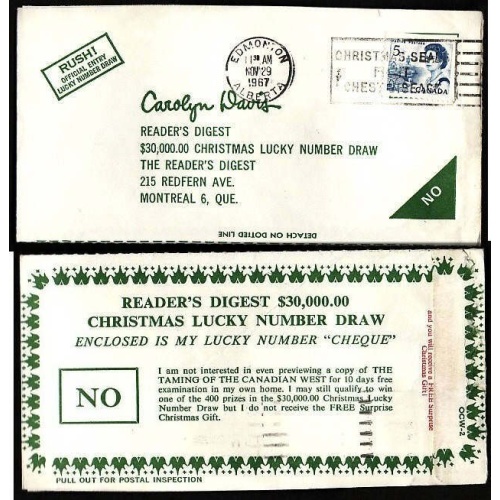 Canada-cover  #10017 - 5c Centennial on Reader's Digest "Christmas Lucky Number Draw