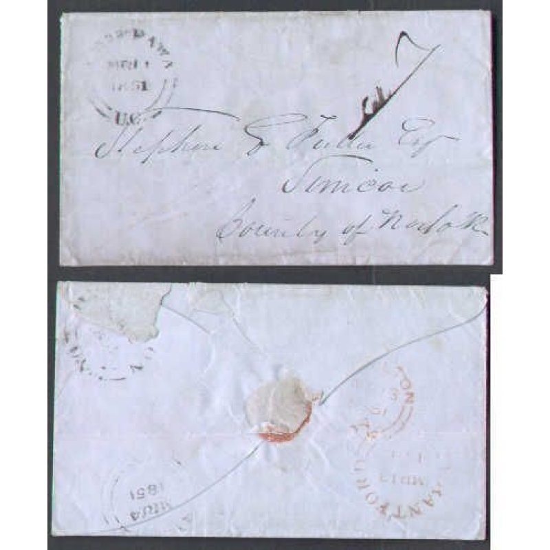 Canada-cover #5540-Stampless-Welland cnty-Chippawa,UC-Mr 11 1851-B/S Simcoe,UC