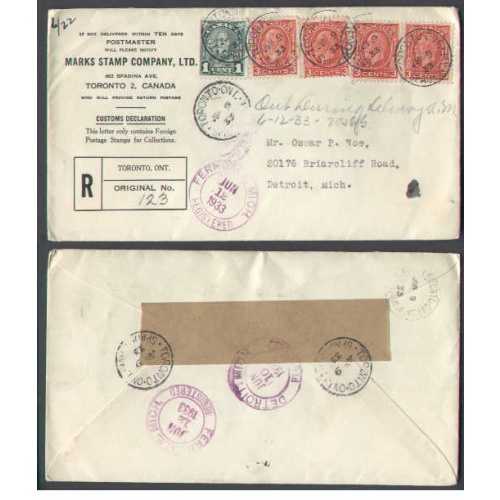 Canada-cover #4403-1c+3c (4) reg'd-York Cty-Toronto,Ont-Jun 9 1933- to USA-
