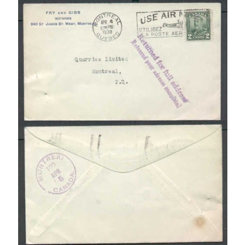 Canada-cover #4924-2c-Montreal,Quebec slogan-Ap 4 1930-H/S Returned for full