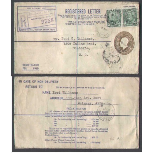 Canada-cover #5564-10c regd envelope uprated with 2c(2)-Calgary,Alberta-double