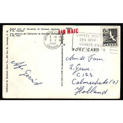 Canada-cover #9945 - 15c Gannet on postcard airmail to Holland - Montreal , PQ - 9 V 1960