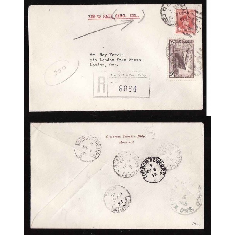 Canada-cover #14349-20c+4c regd Special Delivery-Montreal-Tor Ham & London