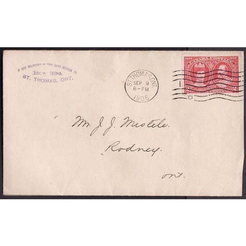 Canada-cover #10042-2c Tercentenary-Elgin Cnty-St. Thomas,Ont-Sep 9 1908 -CC "Box 334"