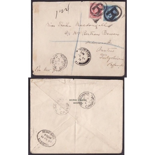 Canada-cover #10168- 2c+5c Edwards reg'd-England-York Cnty-Toronto,Ont- Fe