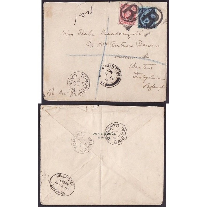 Canada-cover #10168- 2c+5c Edwards reg'd-England-York Cnty-Toronto,Ont- Fe