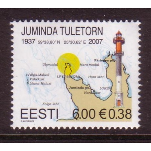 Estonia Sc  564 2007 4.4 kr Juminda Lighthouse Euro added stamp mint NH