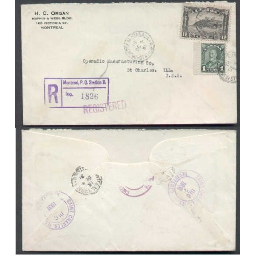Canada-cover #4387-1c+12c reg'd-Montreal,Canada-De 4 1931-to USA -