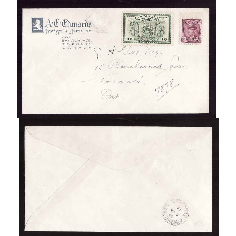 Canada cover #14183–10c Special Delivery+3c drop-York-Toronto Ont-Mr 9 1946