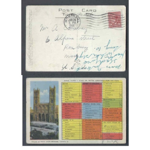 Canada-#9731 -  3c KGVI war issue booklet single #251a on p/c- Montreal , PQ - Jan 26 1944