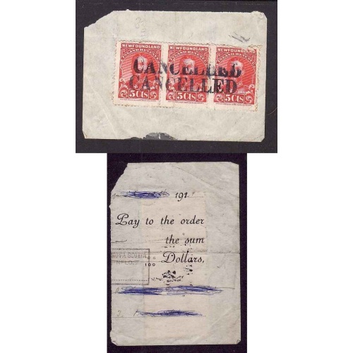 Newfoundland-VanDam cat. #NFR16 - 5c KGV strip of 3 on piece