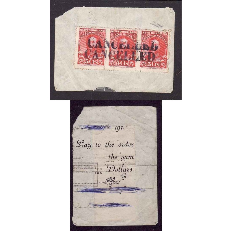 Newfoundland-VanDam cat. #NFR16 - 5c KGV strip of 3 on piece