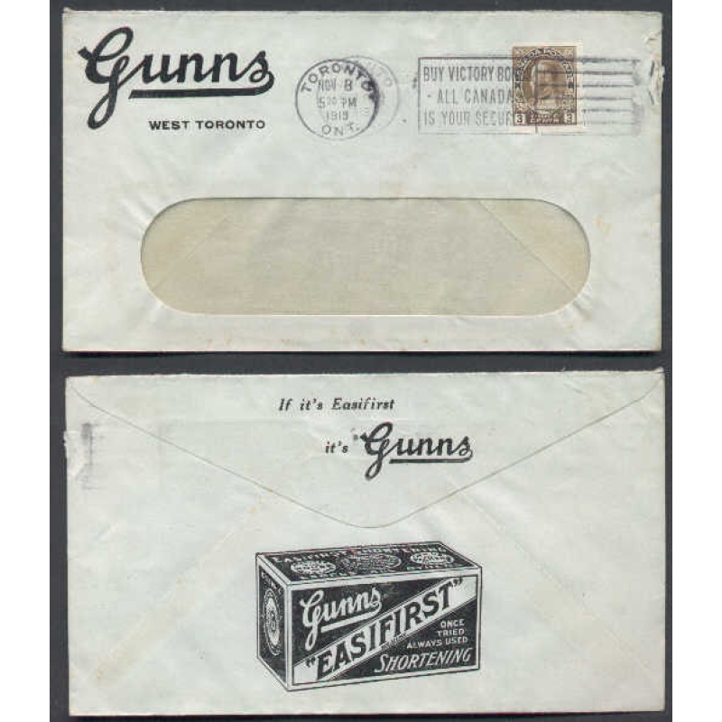 Canada-cover #4567-3c coil [# 129]-illustrated-York Cnty- Toronto,Ont- Gunns Shorten