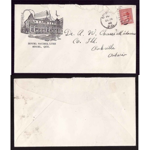 Canada-cover #4711a-3c-Sorel,PQ-Hotel Saurel Ltee-Dec 28 1942-rough opening-