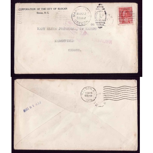 Canada-cover #4343b -  2c+1c Wartax-Slocan,BC single broke
