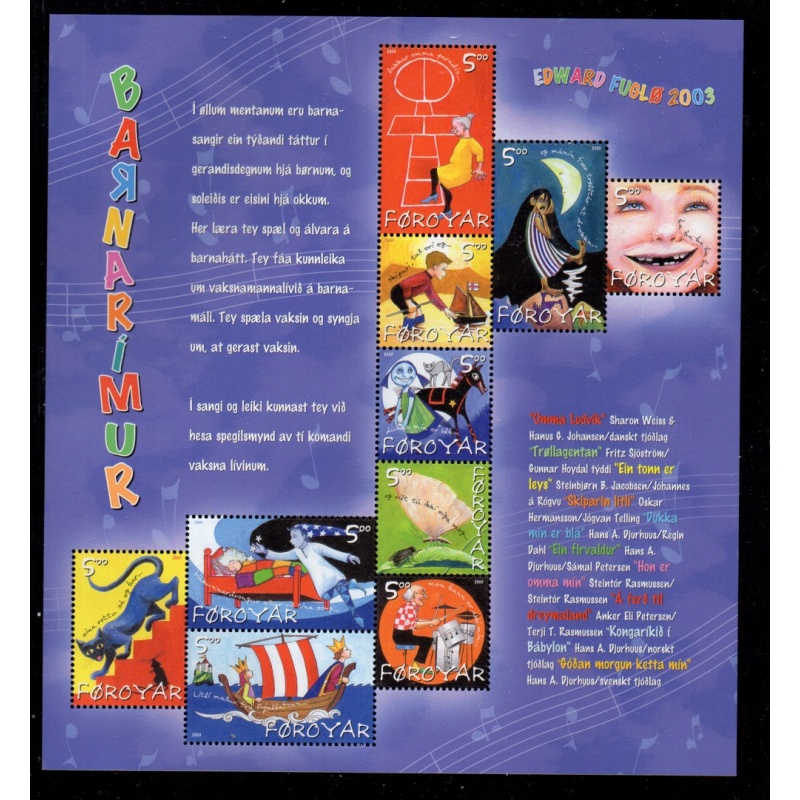 Faroe Islands Sc 432 2003 Children&#039;s Songs stamp sheet mint