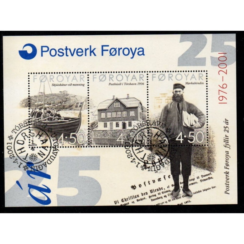 Faroe Islands Sc 395 2001 25th Anniversary Postal Service stamp sheet used