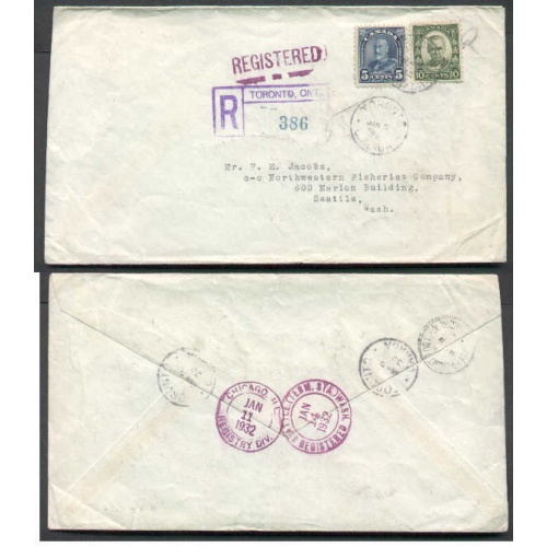 Canada-cover #4393 -10c+5c reg'd - York Cty-Toronto,Ont-Jan 9 1932-reg'd - double rate