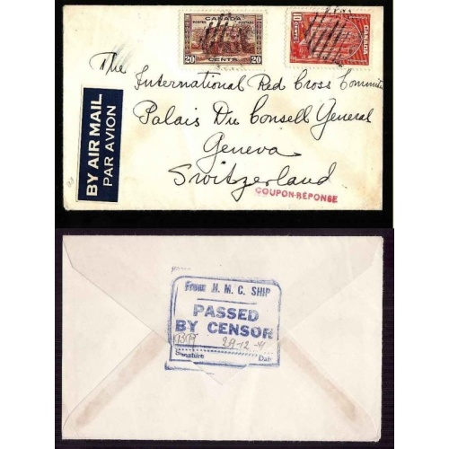 Canada-cover #13914-20c+10c-airmail-Geneva-Coupon-Reponse-envelope contained