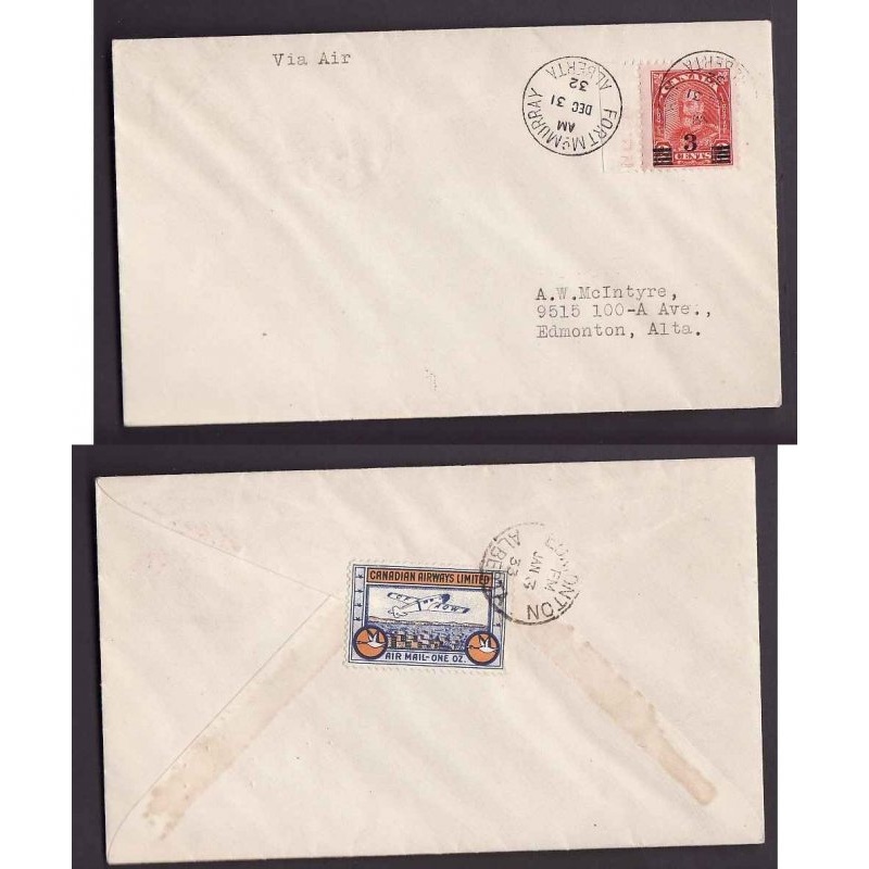 Canada-cover CL51#14048-3c Canadian Airways Dec 31 1932-Fort McMurray to