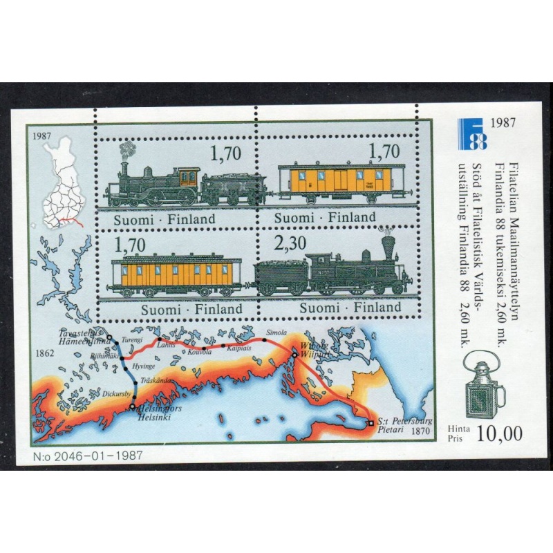 Finland Sc 755 1987 Trains & Old Map FINLANDIA &#039;88 stamp sheet mint NH
