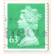 Great Britain Sc MH235 1996 63p bright green QE II Machin Head stamp used