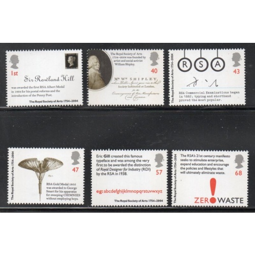 Great Britain Sc 2222-2227  2004 Society of Arts Anniversary stamp set mint NH