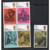 Great Britain Sc 617-621 1970 Dickens & Wordswortth stamp set mint NH