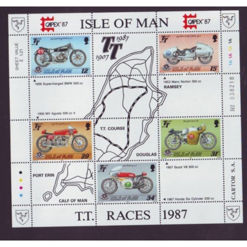 Isle of Man Sc  339a 1987  80th Anniversary  TT Motorcycle  Race CAPEX stamp sheet mint NH