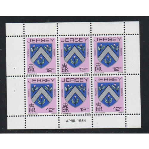 Jersey Sc 258a 1984 12p Robin arms stamp booklet pane of 6 mint NH