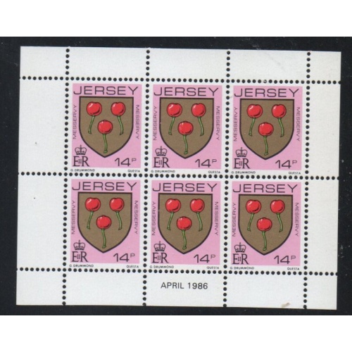 Jersey Sc 260a 1986 14p Messervy arms stamp booklet pane of 6 mint NH