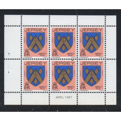 Jersey Sc 261b 1987 15p Flott arms stamp booklet pane of 6 mint NH