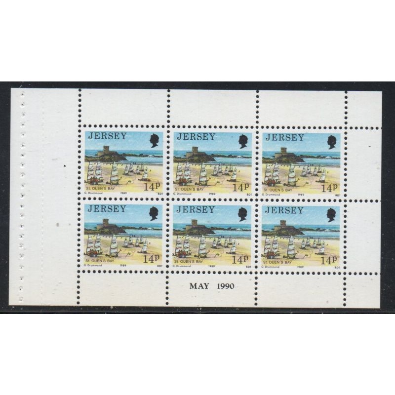Jersey Sc 487a 1990 14p St Quens Bay stamp booklet pane of 6 mint NH