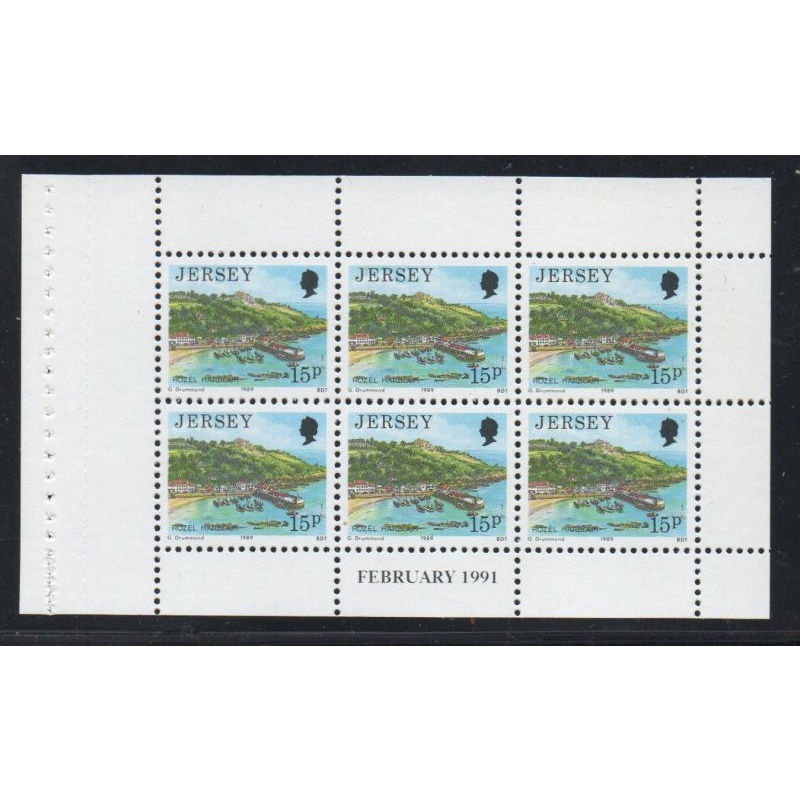 Jersey Sc 488a 1991 15p Rozel Harbour stamp booklet pane of 6 mint NH