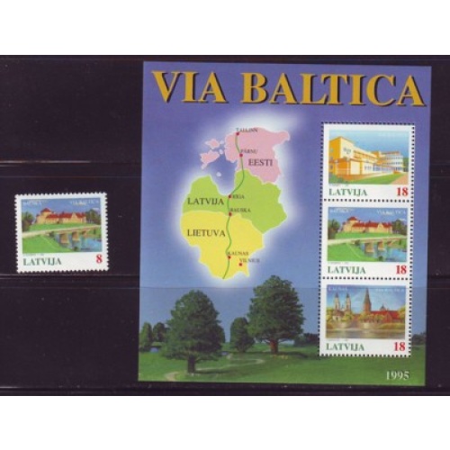 Latvia Sc 394-395 1995 Via Baltica stamp & souvenir sheet mint NH