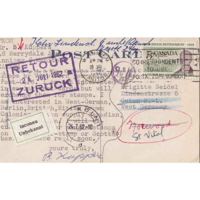 Canada 1962 Transatlantic Post Card Returned