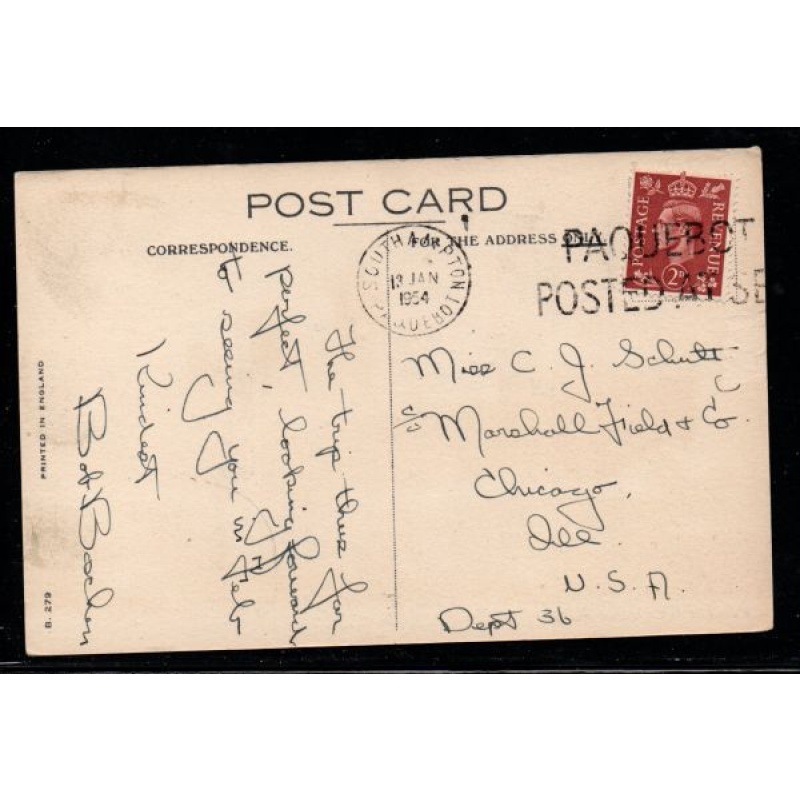 Colour PC  Cunard RMS "Queen Mary" used 1954 Paquebot cancel
