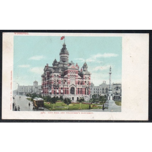Early Colour undivided back PC City Hall, Monument, Street Car ,Winnipeg, Man unused