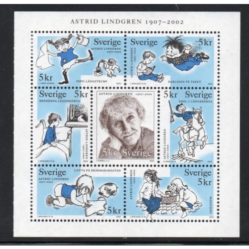 Sweden Sc  2431 2002 Astrid Lindgren  stamp booklet pane of 7 mint NH