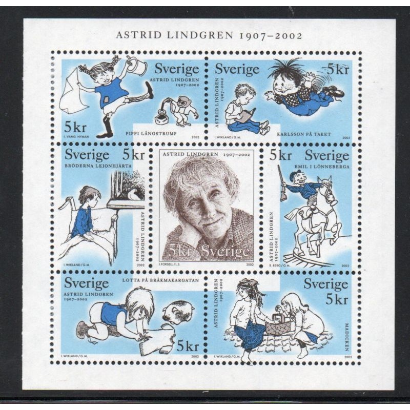 Sweden Sc  2431 2002 Astrid Lindgren  stamp booklet pane of 7 mint NH